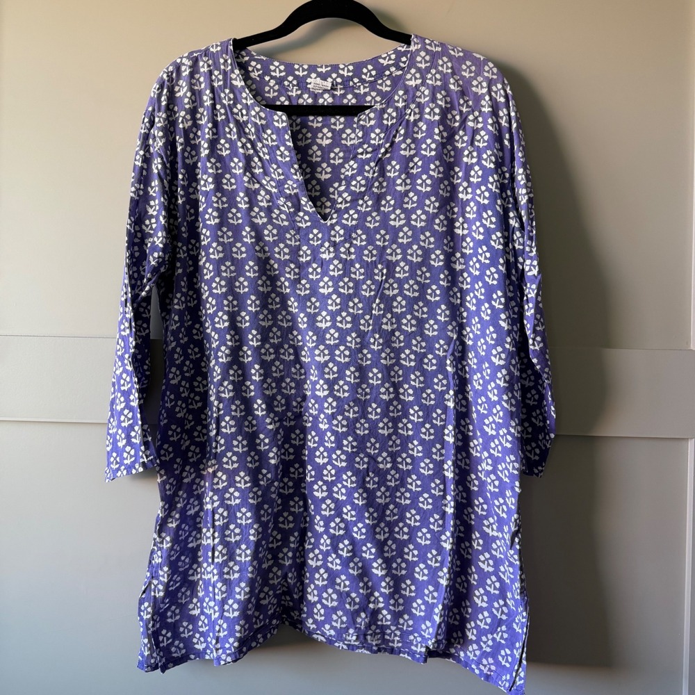 Cotton Tunic Top Womens XL Blue White Floral Block Print V-Neck Boho Coastal